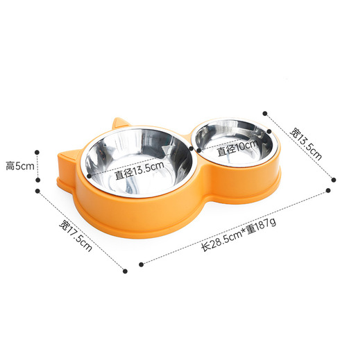 Cat-shaped dual-bowl stainless steel dining set wholesale home-style cat bowl integrated pet bowl to keep your mouth dry while feeding and drinking