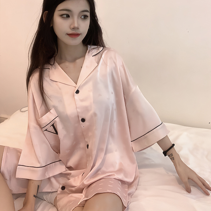 [Summer Fanxin] new cute three-quarter sleeve show long leg ice silk shirt dress pajamas can be worn outside home wear