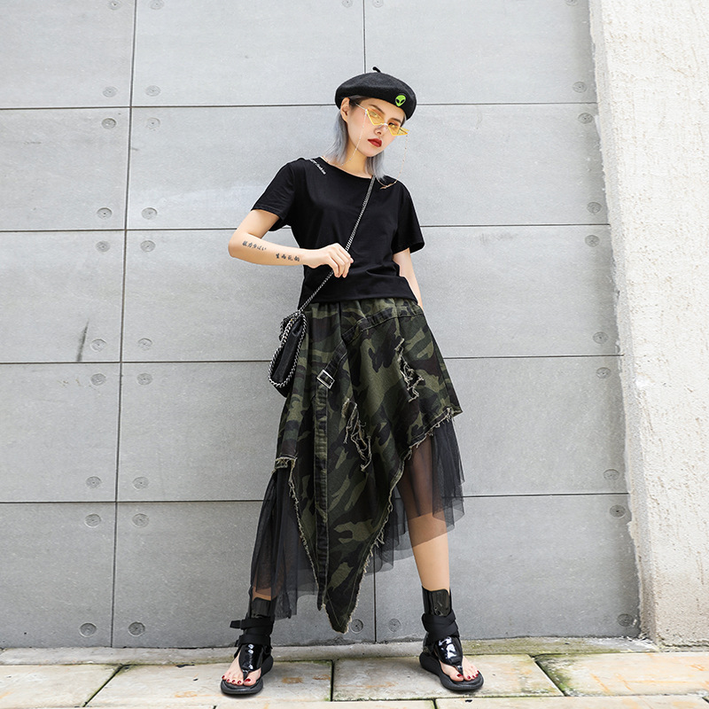 Japanese Style Spliced Mesh Denim Camouflage Skirt for Women Summer New Loose Fashion Niche Western Style A-Line Skirt
