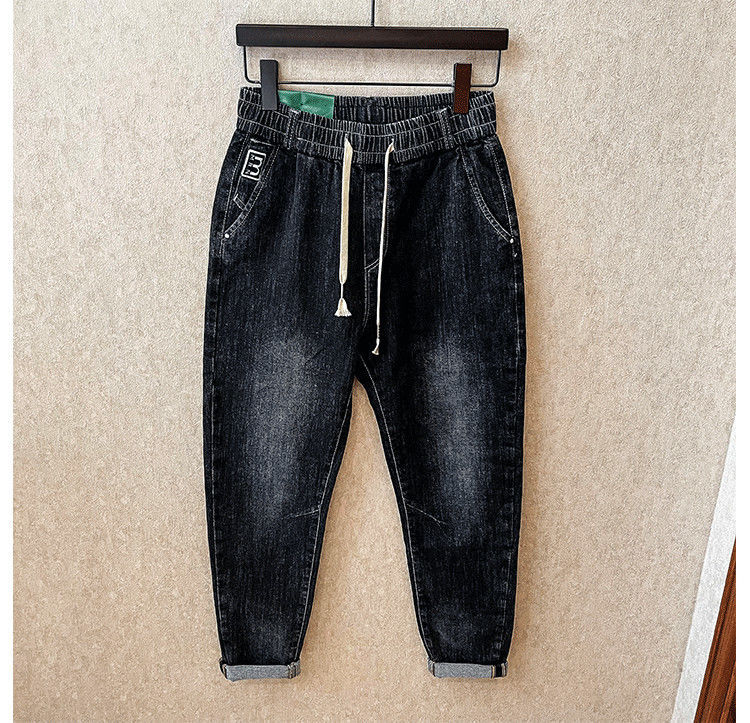 High end jeans for men in 2023, new Korean version trendy and fashionable, versatile, elastic waist drawstring tied_voghion.com