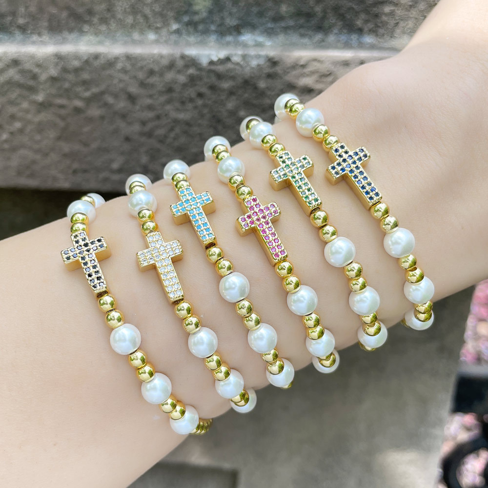 Fashion Cross Copper Bracelets Beaded Pearl Gold Plated Zircon Copper Bracelets
