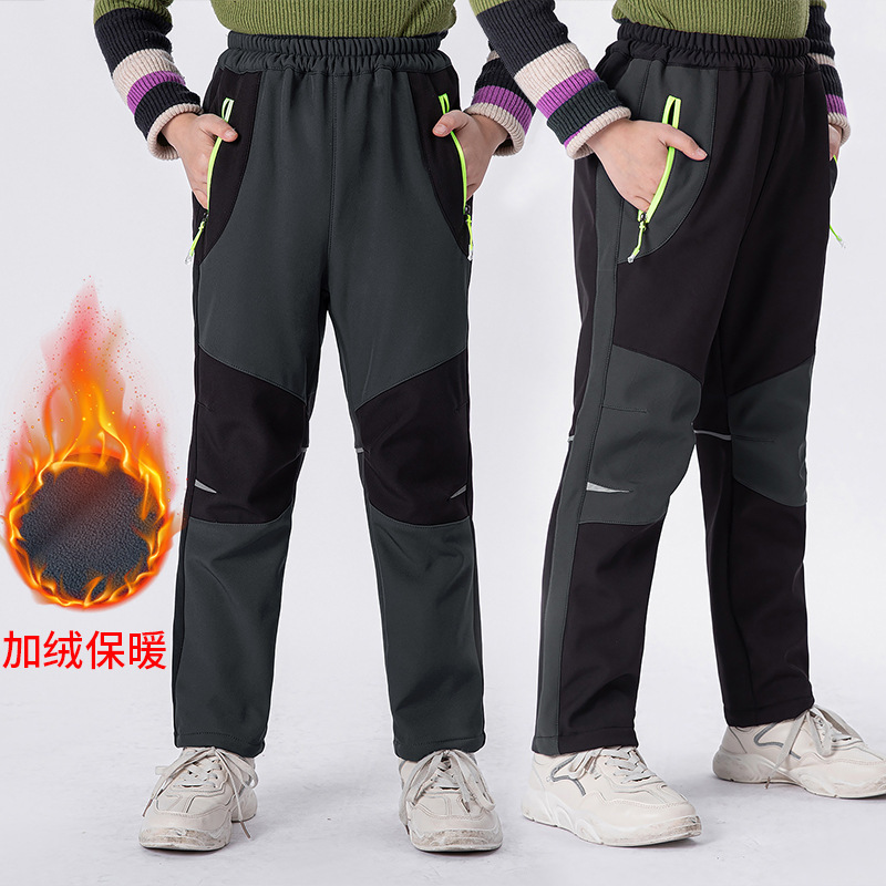 Children's Softshell Fleece-Lined Thermal Pants for Boys and Girls, Winter Thickened Outdoor Hiking Pants for Autumn and Winter