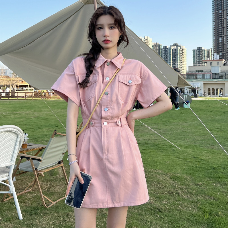 Front and Back Pockets + Zipper Design 2026 Trendy New Short-Sleeve Dress for Female Students Japanese Style Polo Collar Short Dress