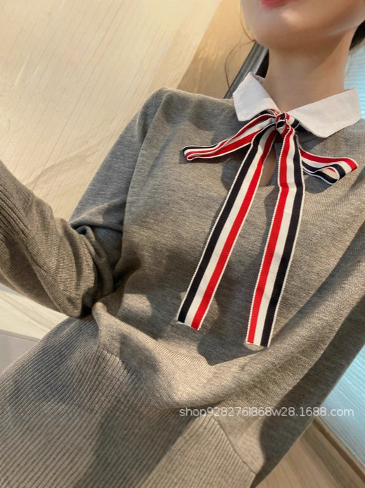 濮院毛衣早秋韩系显瘦小个子简约织带翻领假两件打底衫针织衫丹皓|undefined