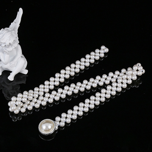 Ladies Pearl Waist Chain Korean Style Water Drill Pearl Decorated Belt Fashion Sweet Dress Elastic Belt for Women Wholesale