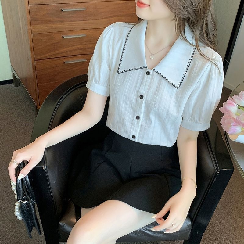 夏季新款短袖衬衫女小众设计感外穿小清新百搭通勤遮肚上衣轻薄潮