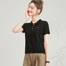 【含羊毛】蝴蝶结翻领POLO衫刺绣纯色 绞花正肩T恤套头女式针织衫