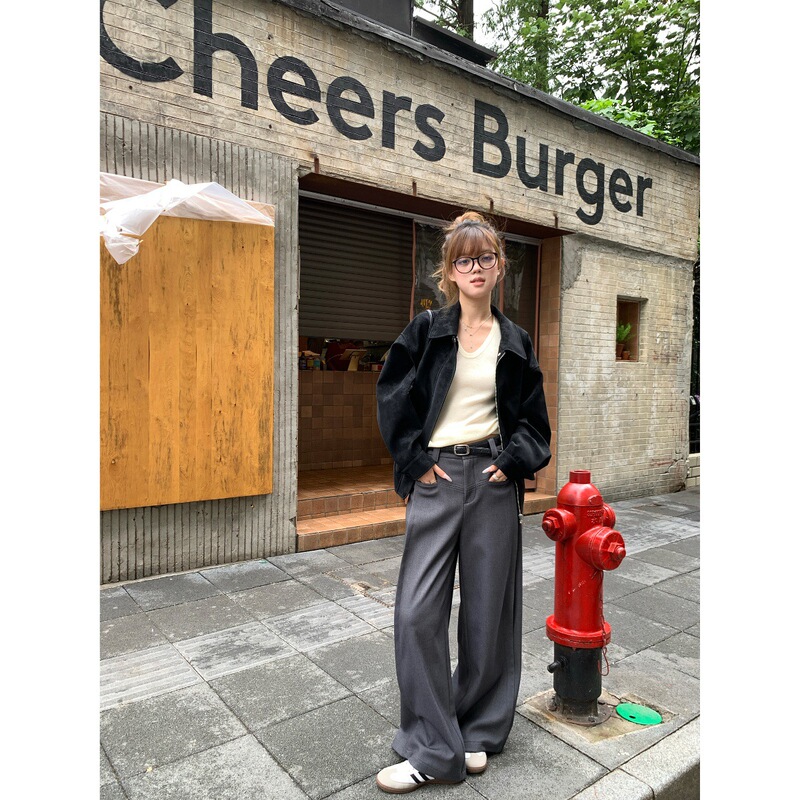 ThreeH 高克重~ 叠褶腰贴西装裤女春秋阔腿裤垂感拖地宽松休闲裤|undefined