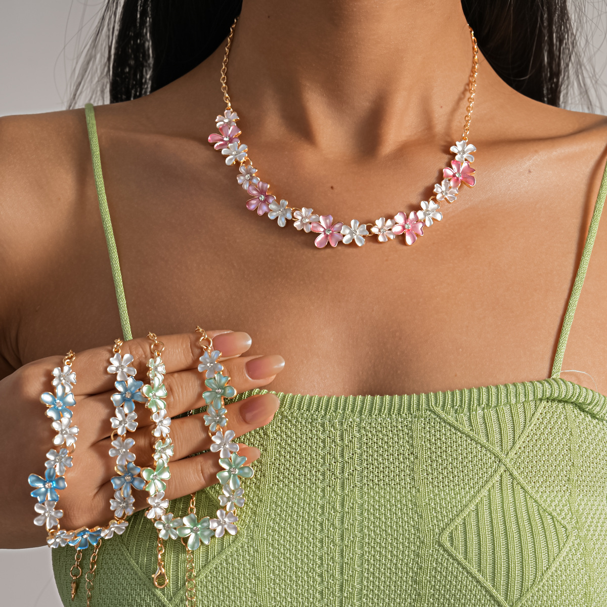 Europa y América pintadas flores de zircón ajustables collar conjunto de pernos frescos dulces collares de nicho de alta calidad image 4
