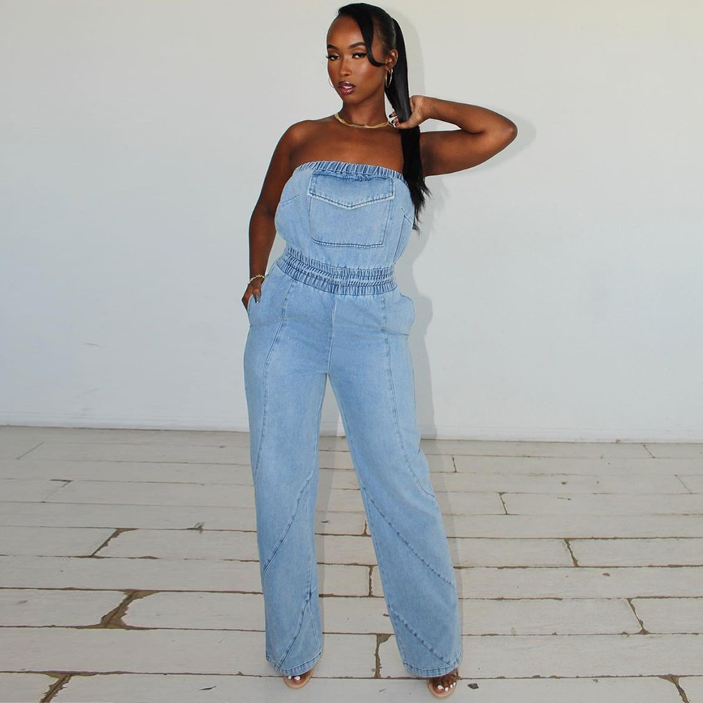 Mono vaquero para mujer, lavado con agua, con bolsillo, espalda descubierta y cosido, para otoño e invierno