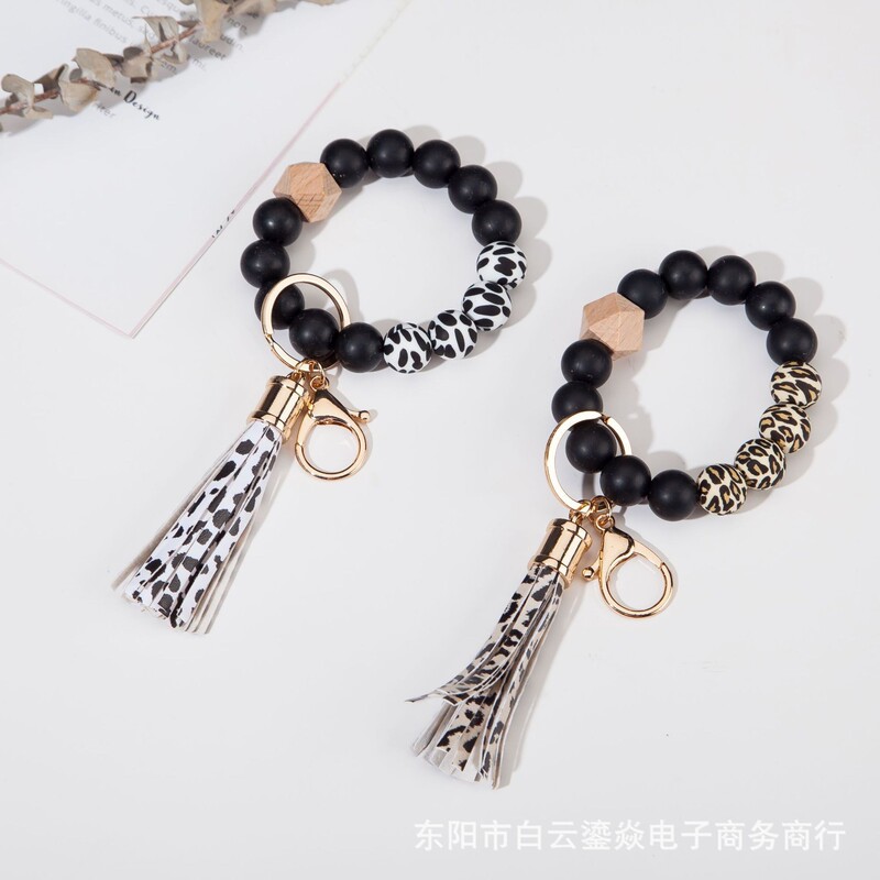 European and American Cross-Border Food-Grade Leopard Print Silicone Beaded Bracelets, Tassel Bracelets, Keychain Accessories Wholesale