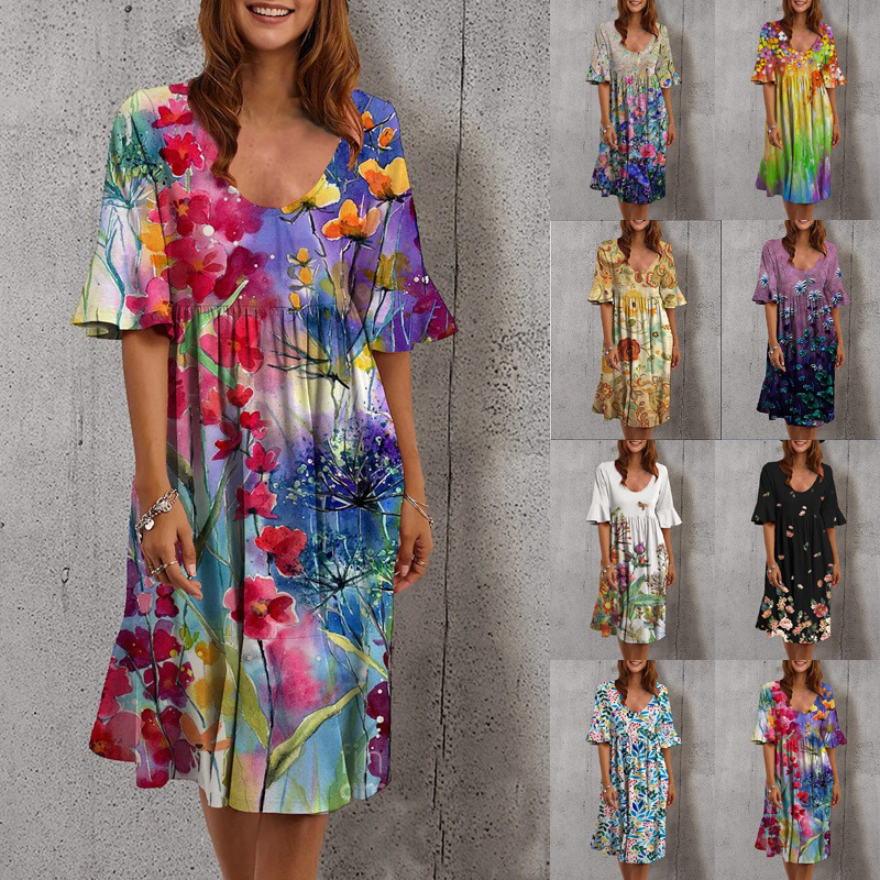 2023 New Four Seasons Hot Push European and American Cross-border Foreign Trade Women's Crewneck Mid-sleeve Dress Multicolor Printed Skirt