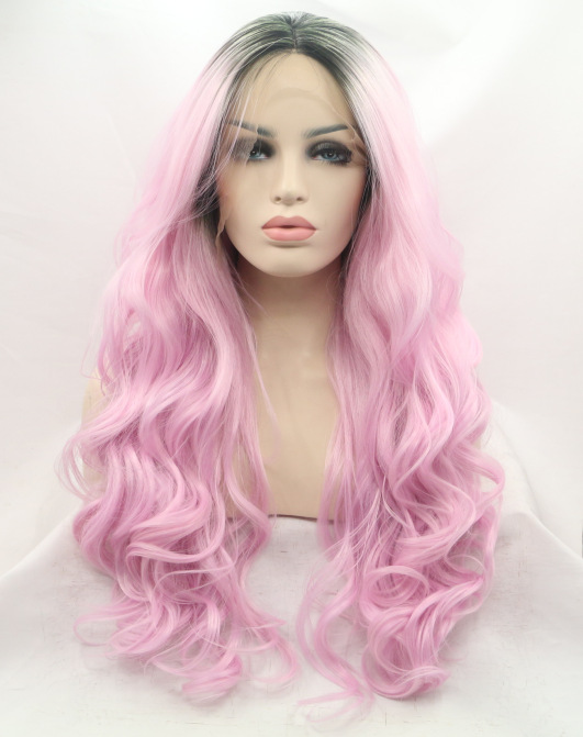 Peruca europea y americana de moda negra gradiente rosa gran onda mitad gancho de mano fibra química LW0316
