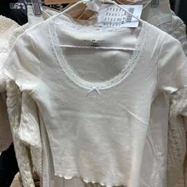 BM风brandy同款女蕾丝边夏季蝴蝶结别致辣妹纯欲法式短款方领上衣