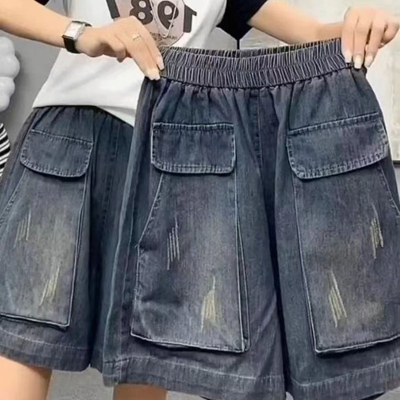 Pear-Shaped Figure Summer Thin High-Waisted Denim Shorts for Plus-Size Women with Large Pocket Design
