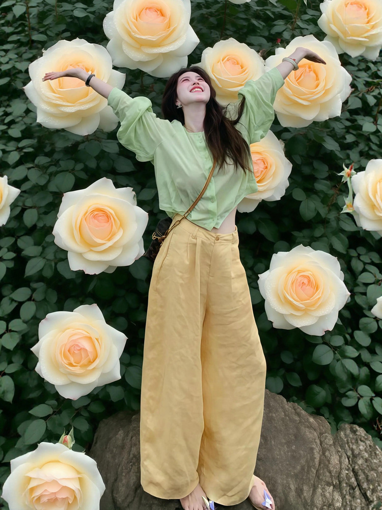 A Complete Set of Summer Outfits, Large Size Fat Casual Lazy Style Long-Sleeved Shirts and Wide-Leg Pants Two-Piece Set for Women