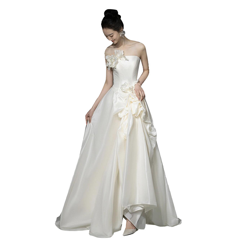 Vestido de boda ligero de satén francés de otoño 2025, nuevo vestido de flores de pecho, Sensi, viaje de bienvenida al aire libre, venta de纱 image 5