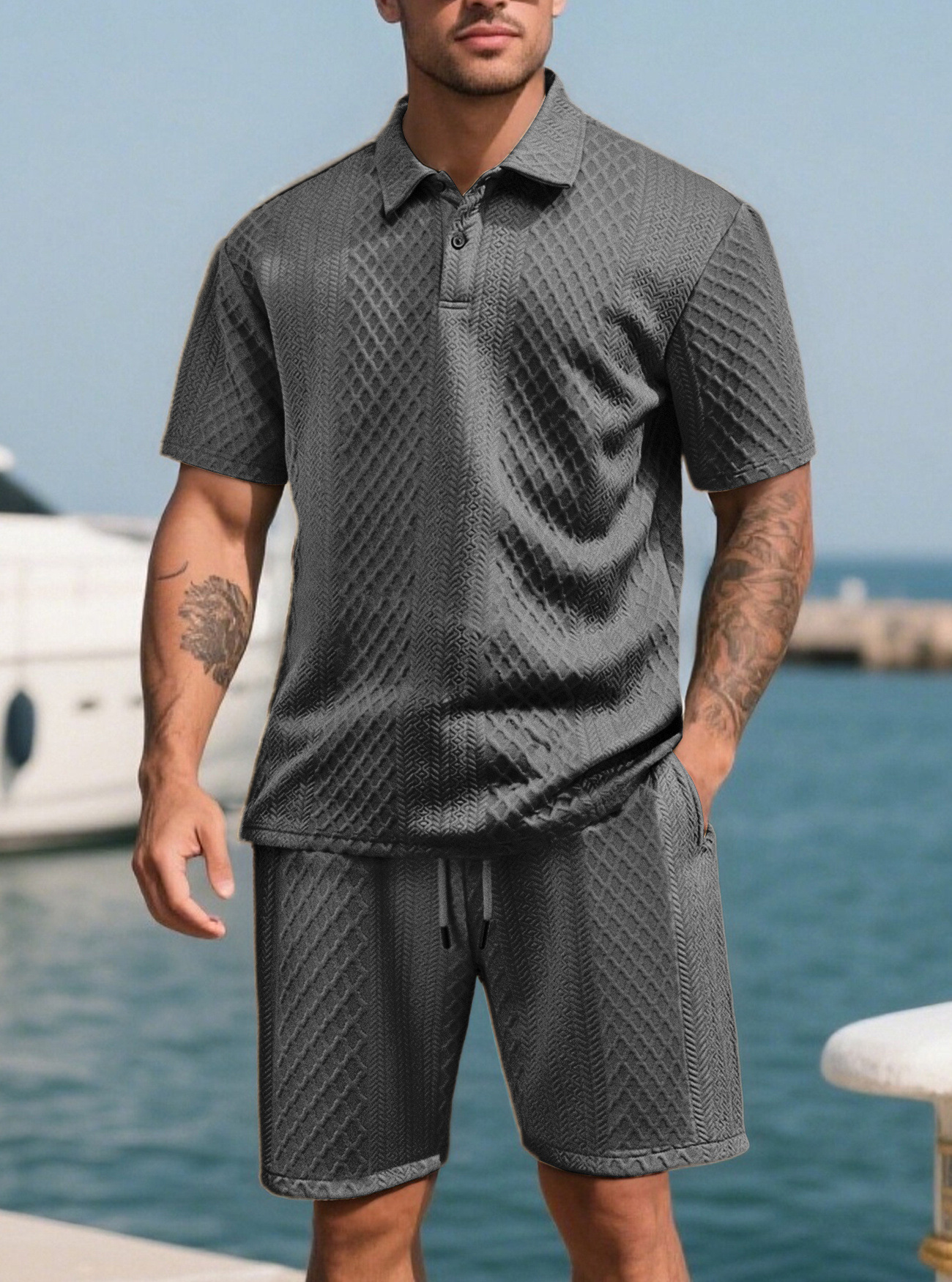 Cross-border nuevo hombre Jacquard Polo verano delgado con solapa cuadrada casual deportivo conjunto de mangas cortas para hombres