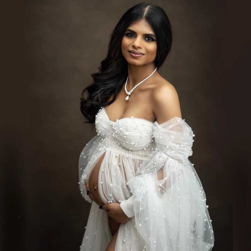 European and American export fashion plus-size maternity gown with a small train, white mesh dress for photo shoots, sexy long robe