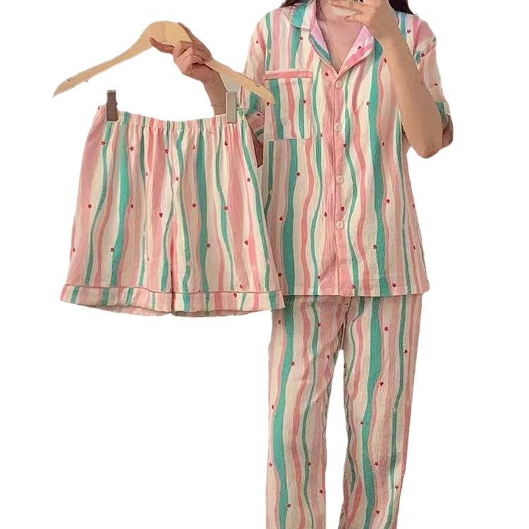 Verano nuevo pijama de algodón mujer dulce lindo ocio simple rayas se puede usar ropa de casa tres piezas conjunto al por mayor