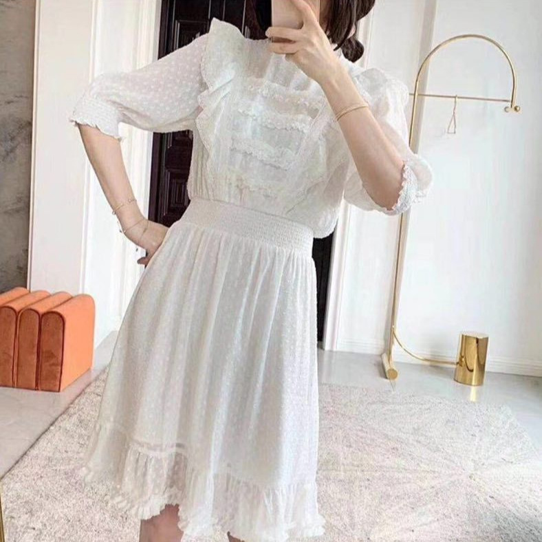 2020春夏新款 甜美淑女风波点蕾丝边泡泡袖连衣裙女23139清货