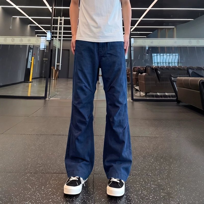 Mist blue pleated high street lumberjack work pants for men, American vibe curved wide-leg pants, straight casual jeans Mist blue pleated high street lumberjack work pants for men, American vibe curved wide-leg pants, straight casual jeans