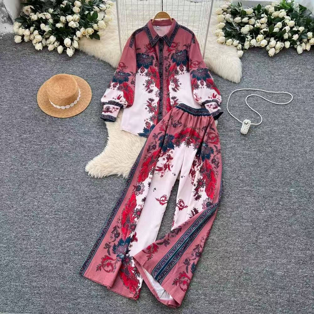 Women's European Style Chic Printed Shirt And Pants Set Casual Long Sleeve Loose Fit High Waist Wide Leg Straight Pants Autumn Wear_ecoleips.com