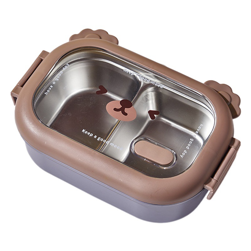 Lonchera de acero inoxidable con diseño de oso – compartimentos, práctica