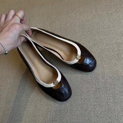 羊皮版 ~ 小衆ツバキの花の平底の靴の女性のフランス式の復古の浅い口の丸い頭の小さい香風のメアリー珍の靴