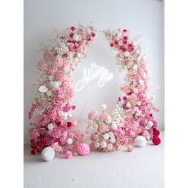 婚礼舞台背景装饰粉色牛角拱门 仿真假花成品花艺户外活动仪式花