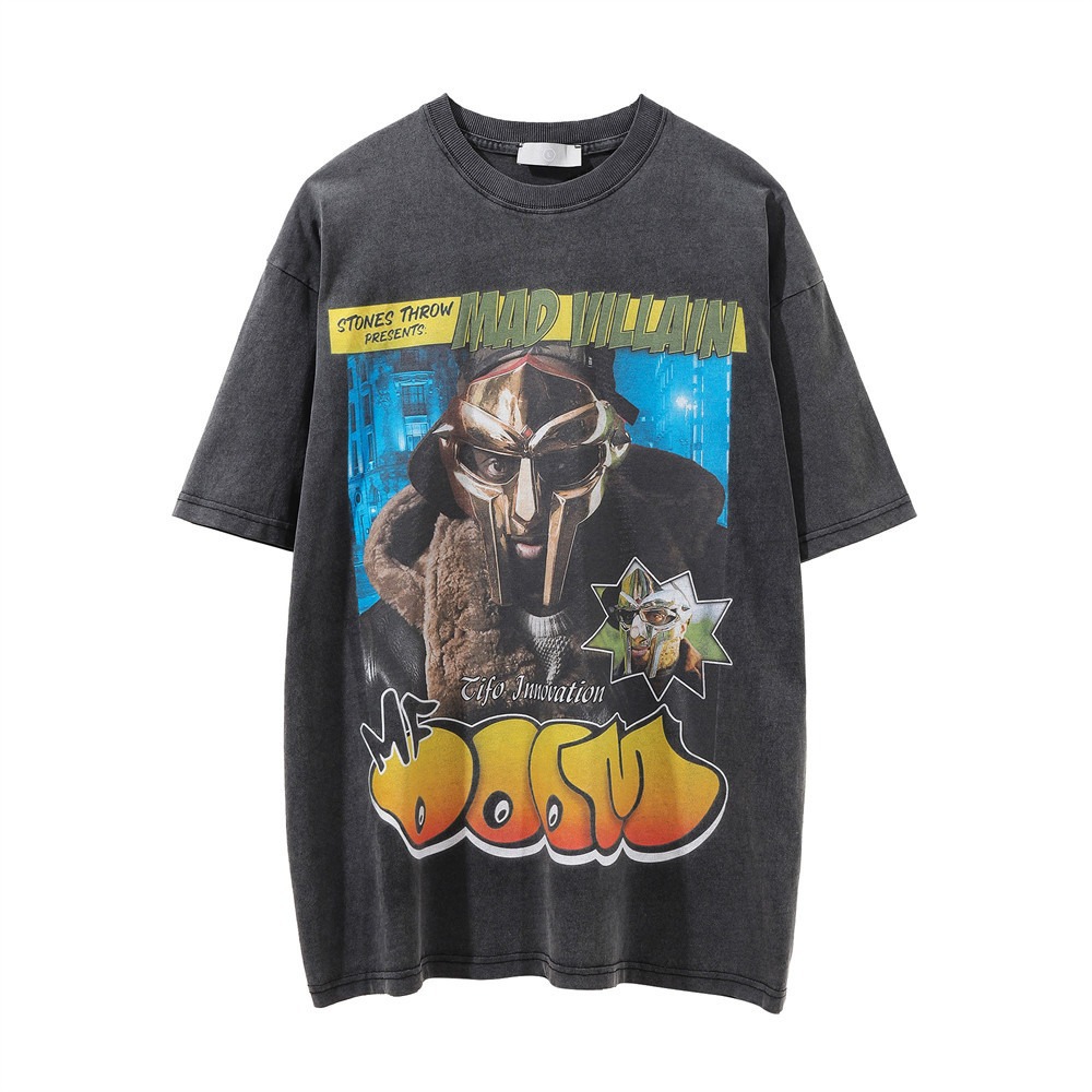 Kurzes Hip-Hop-T-Shirt für Herren mit Rap-Sänger-Charakter-Print, Rundhalsausschnitt, halblange Ärmel, Sommermode-Label_voghion.com