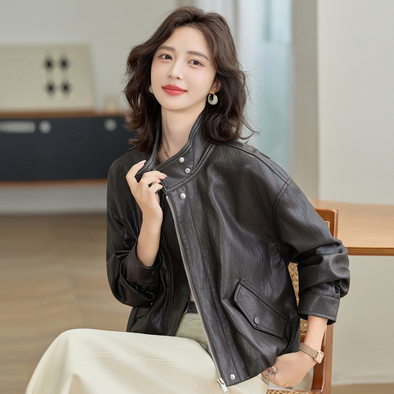立领开衫女式皮衣2025秋新款时尚洋气小个子短款夹克上衣YG82998|undefined