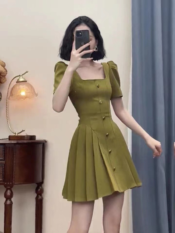 Đầm nữ cổ vuông kiểu Pháp chít eo tôn dáng — Màu xanh lá dáng dài, Màu xanh lục mẫu ngắn, Màu đen mẫu ngắn chi tiết 9