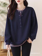 大码休闲条纹假两件圆领卫衣女2025早秋新款胖宽松百搭中长上衣