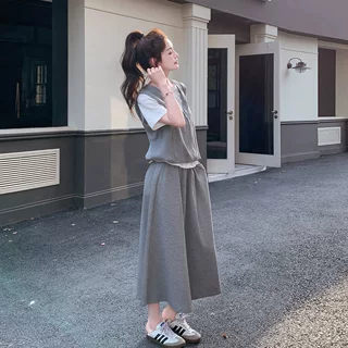 跨境 大码夏季设计感短袖套装裙女显瘦休闲半身裙三件套胖mm240斤