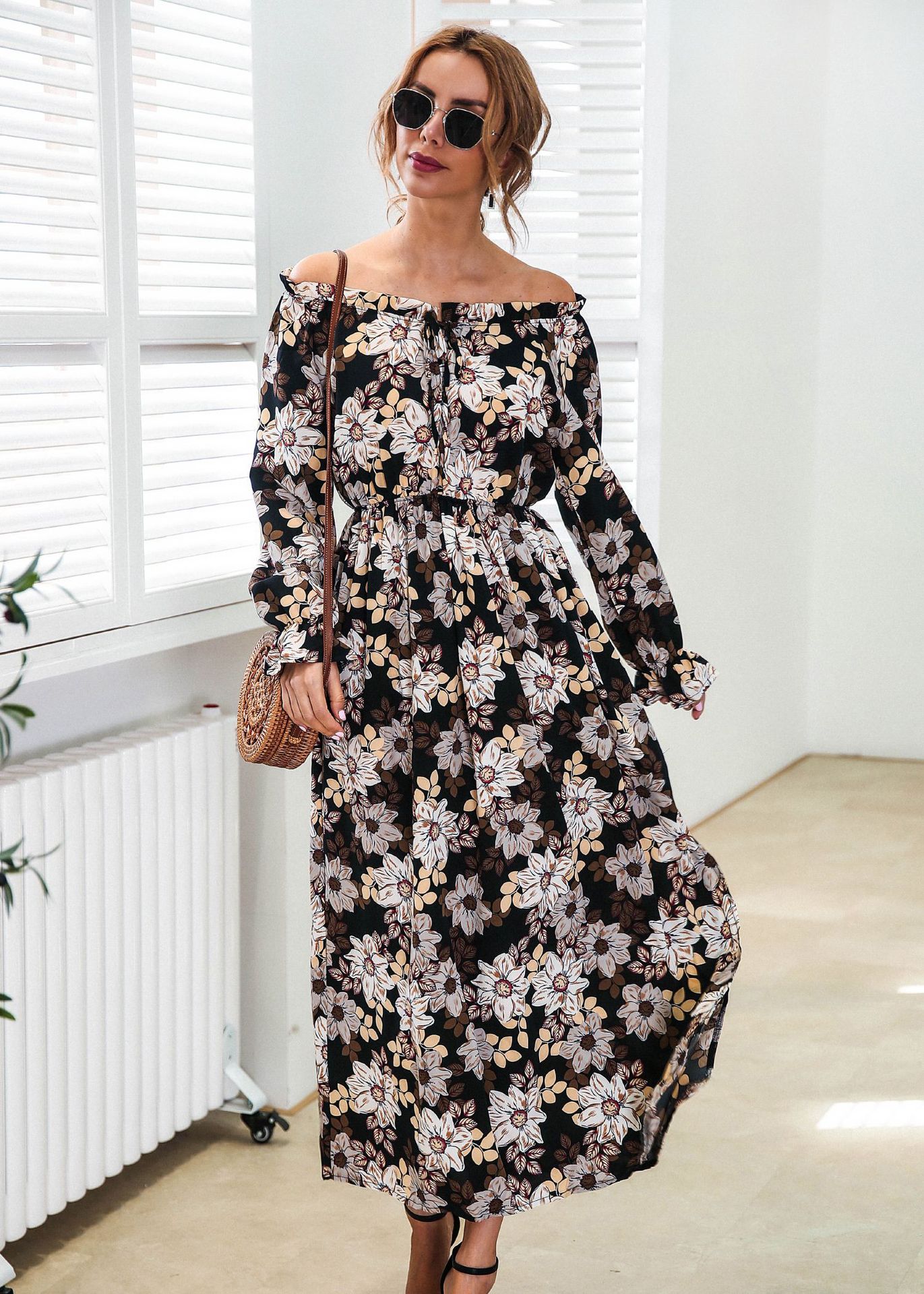 flared sleeves elastic split long dress NSMY21170