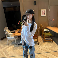 美式新款设计感字母印花纯棉时尚长袖t恤女春秋百搭宽松休闲上衣
