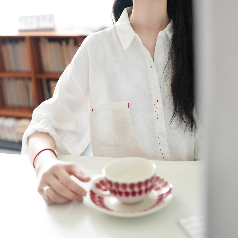 Give You a Little Red Flower Linen Hand-Sewn Embroidered White Shirt Versatile Elegant Women's Jacket New Top