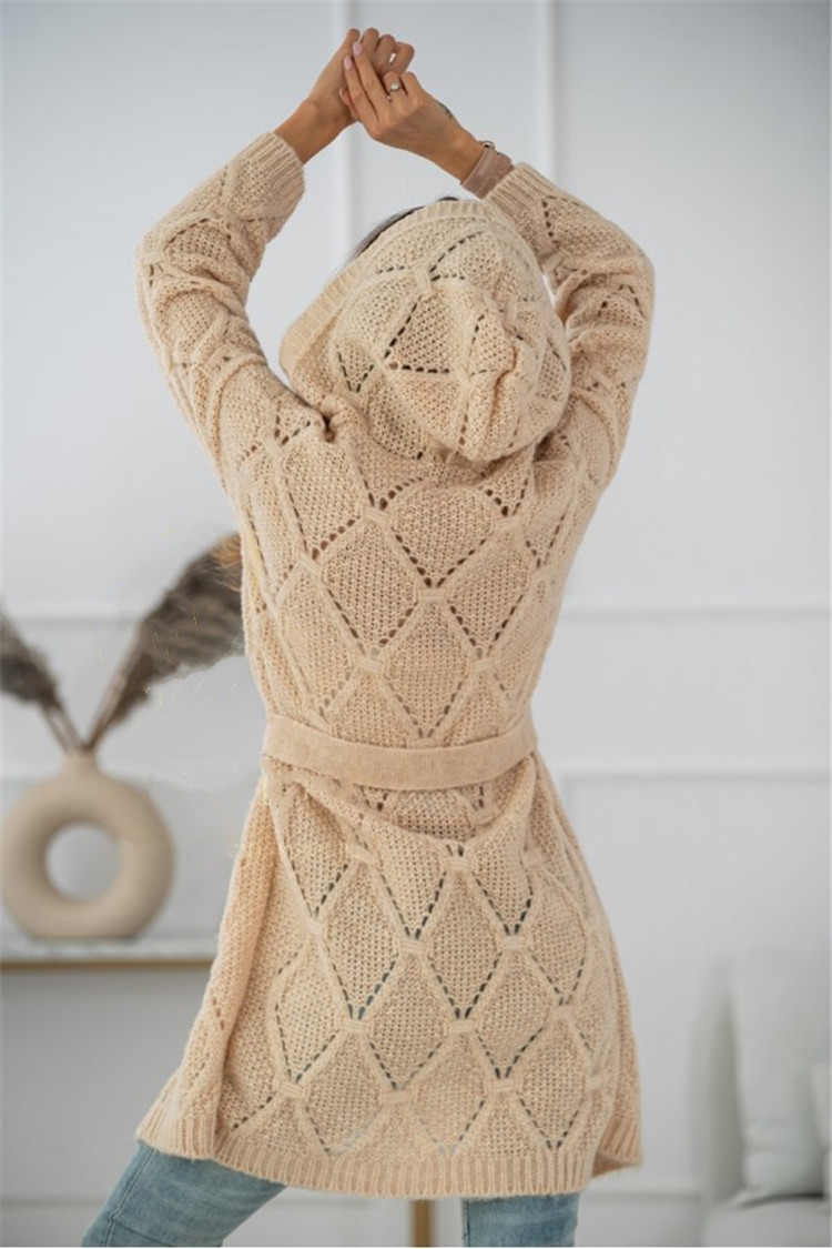 2024 neuer gestrickter Kapuzenpullover mit langen Ärmeln, lässige Strickjacke, Pulloverjacke in Übergröße, Taillengürtel für Damen, 8 Farben_voghion.com
