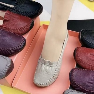 Simple Western Style Pure Soft Leather Shallow Mouth Women's Shoes Spring and Autumn Round Head Beef Tendon Soft Bottom Hand-stitched All-match Moms Shoes