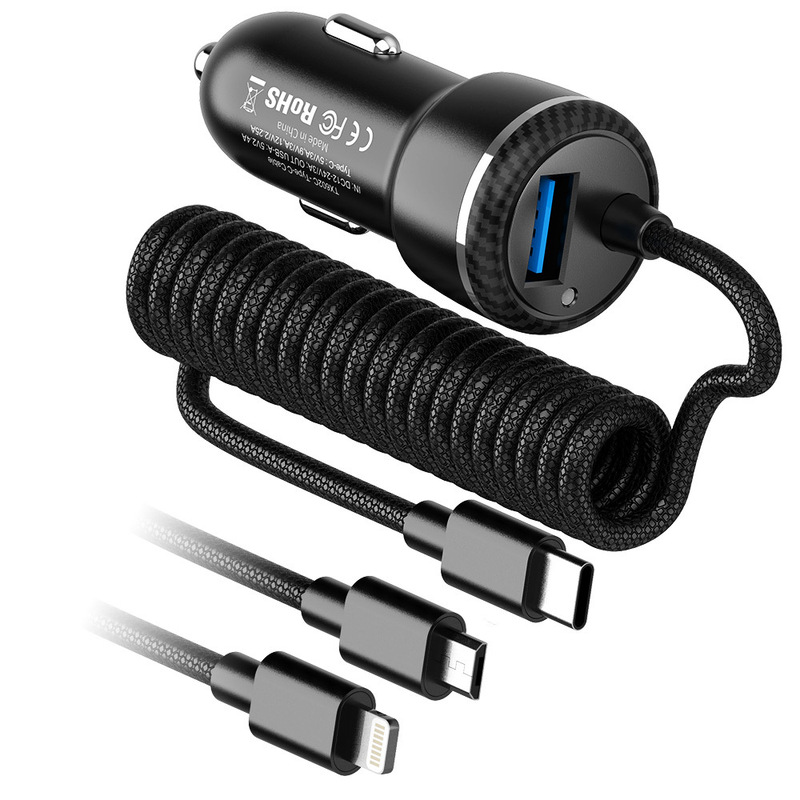 3-Port Fast Charging Smart Car Charger Shared Extended 2-Port 5.4A Multi-Function Pd Car Charger with Cable and Light