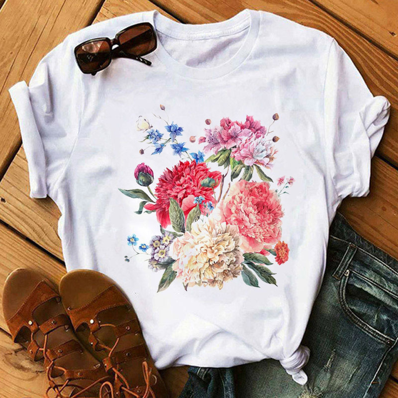Short Sleeve Flower Print Women's Top Summer Fashion Women's Wt-Shirt