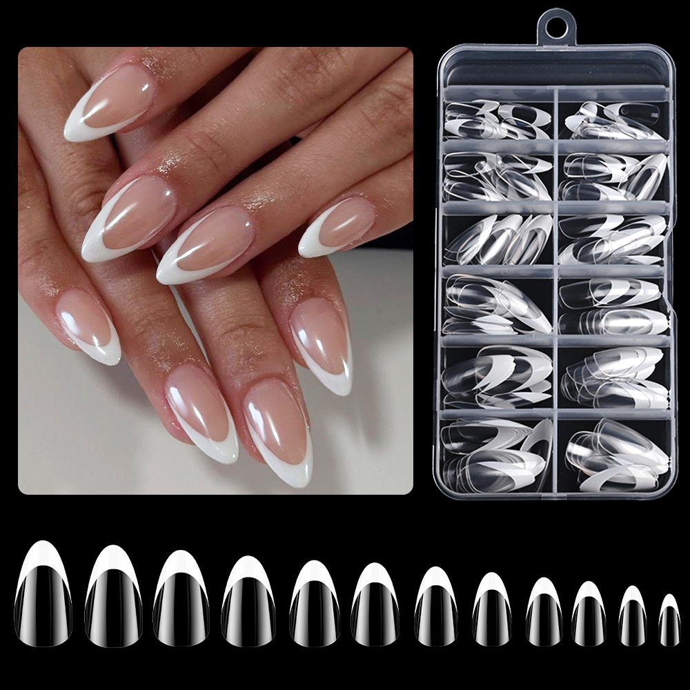 Cross-Border French Fake Nails White French Boxed 120 Pieces European and American Wearable Nails Almond Simple Transparent Nails