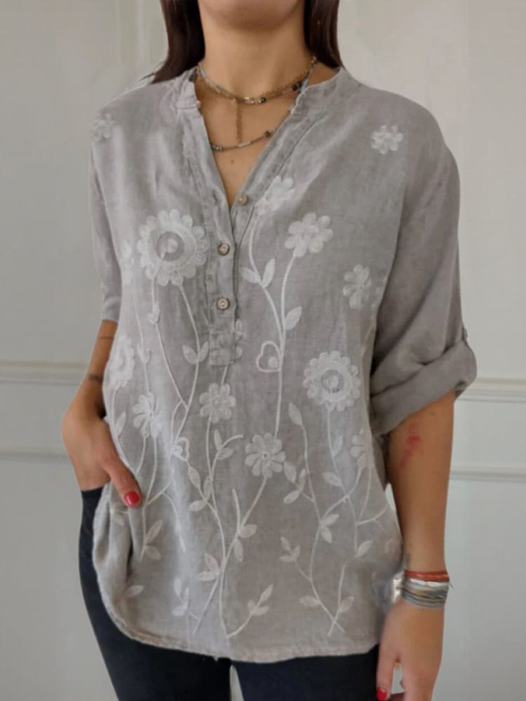 Women's Lace Embroidered V Neck Button Shirt Casual Elegant Fashion Blouse for Autumn Export Independent Website Europe & America_ecoleips.com