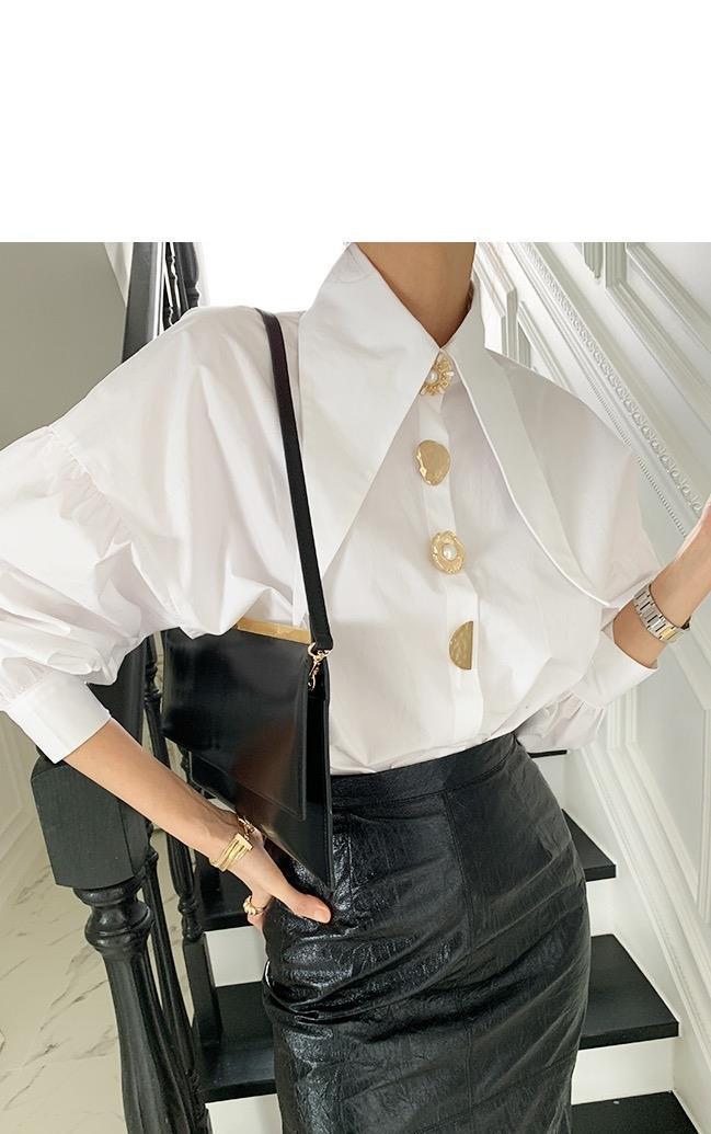 Pointed Collar Blouse for Women White Shirt with Abstract Print Office-to-Date A-Line Top Single Button Closure XS-3XL_voghion.com