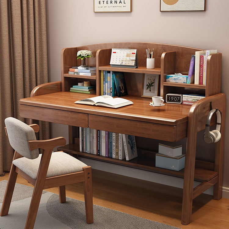 Solid Wood Desk and Bookshelf Integrated Home Writing Desk for Primary and Secondary School Students Modern Simple Liftable Children's Study Table
