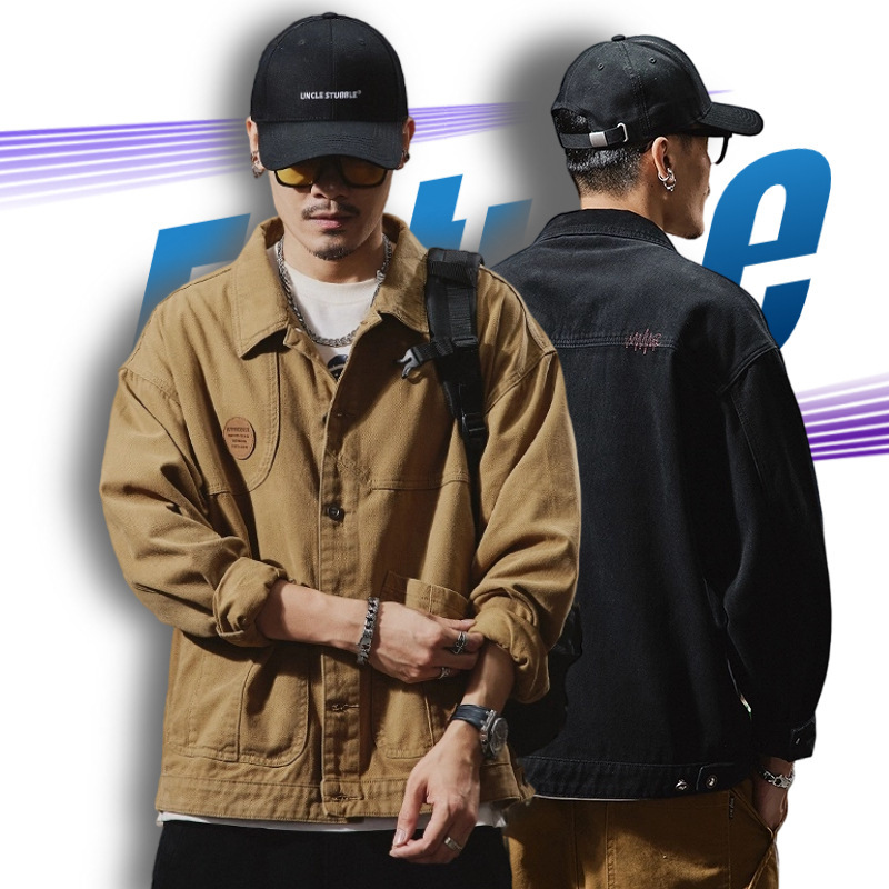 Plus-Size Jacket Wholesale Spring and Autumn Trendy Japanese-Style Workwear Pure Cotton Denim Jacket for Men, Vintage Jacket for Big and Tall Men