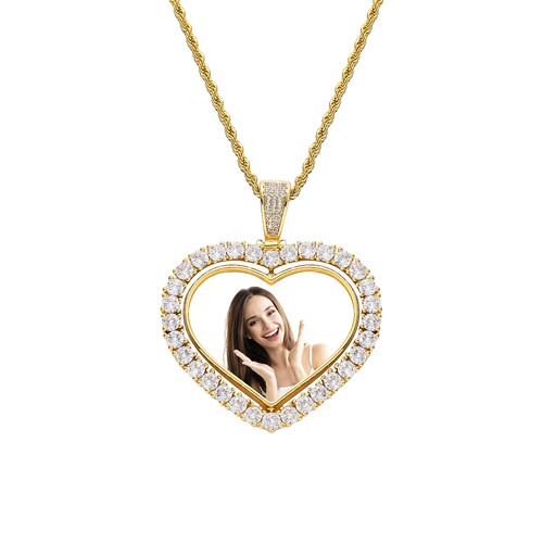 European and American Hip-Hop Heart Rotatable Photo Pendant Necklace for Men and Women, Personal Custom Made Frame Double-Sided Hip-Hop Necklace