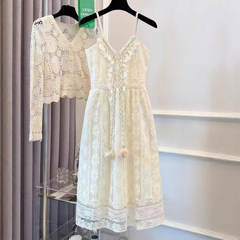 Retro Ethnic Style Hollow Tassel Lace Bohemian Mesh Suspender Dress Can Be Worn as a Fairy Spirit