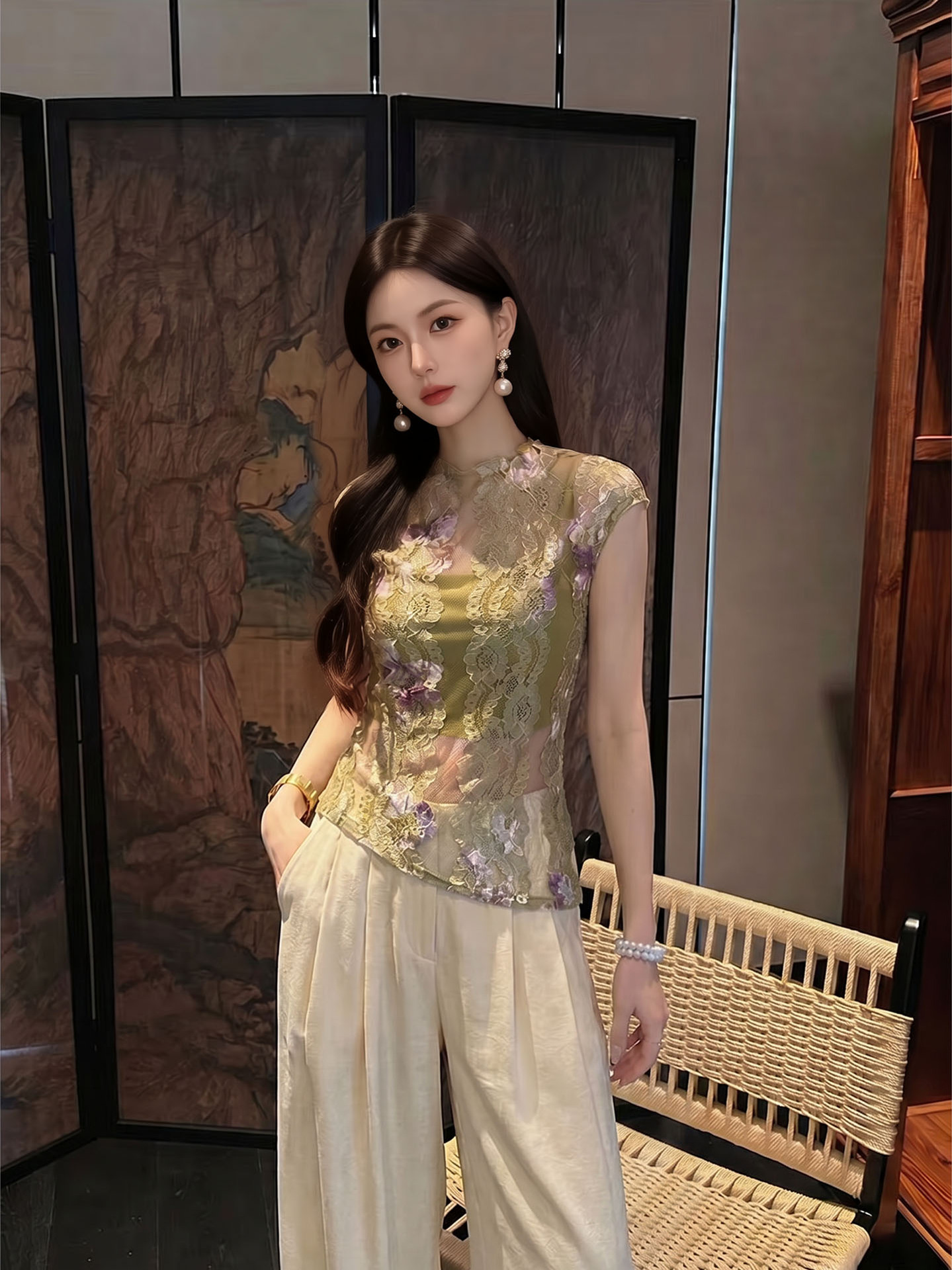 Áo sơ mi dài tay nữ phong cách Tân Trung Hoa, họa tiết in thắt nút ren — Đỏ cam, Trắng nguyệt